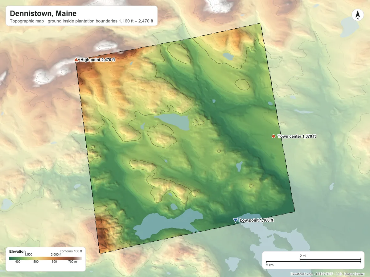 Topographic elevation map of Dennistown, Maine, shaded from 1,160 ft on the southwest side to 2,470 ft on the west side