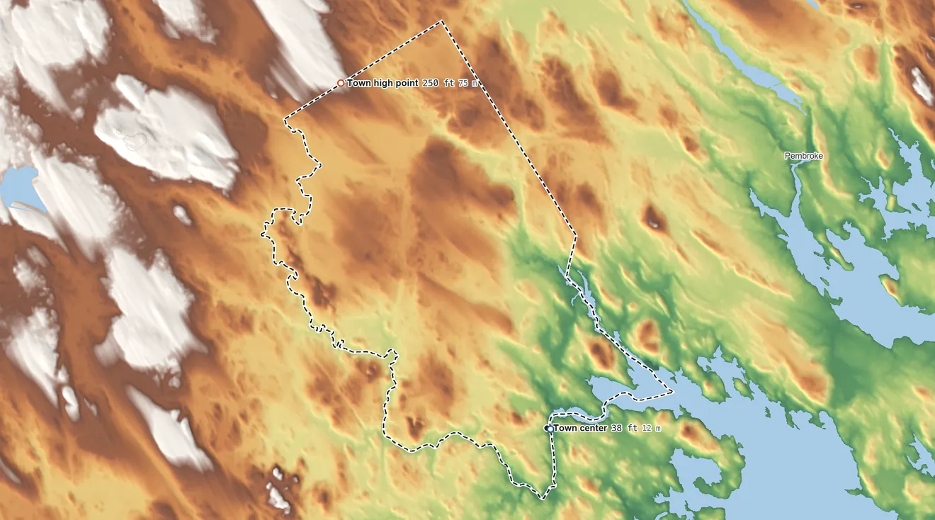 Topographic elevation map of Dennysville, Maine, shaded from sea level level on the Dennys River to 250 ft on the northwest side
