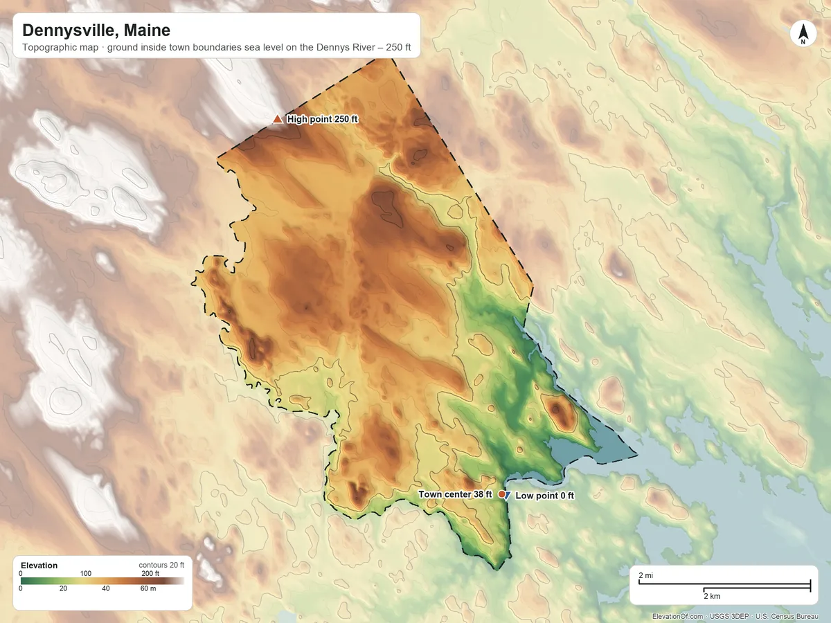 Topographic elevation map of Dennysville, Maine, shaded from sea level level on the Dennys River to 250 ft on the northwest side