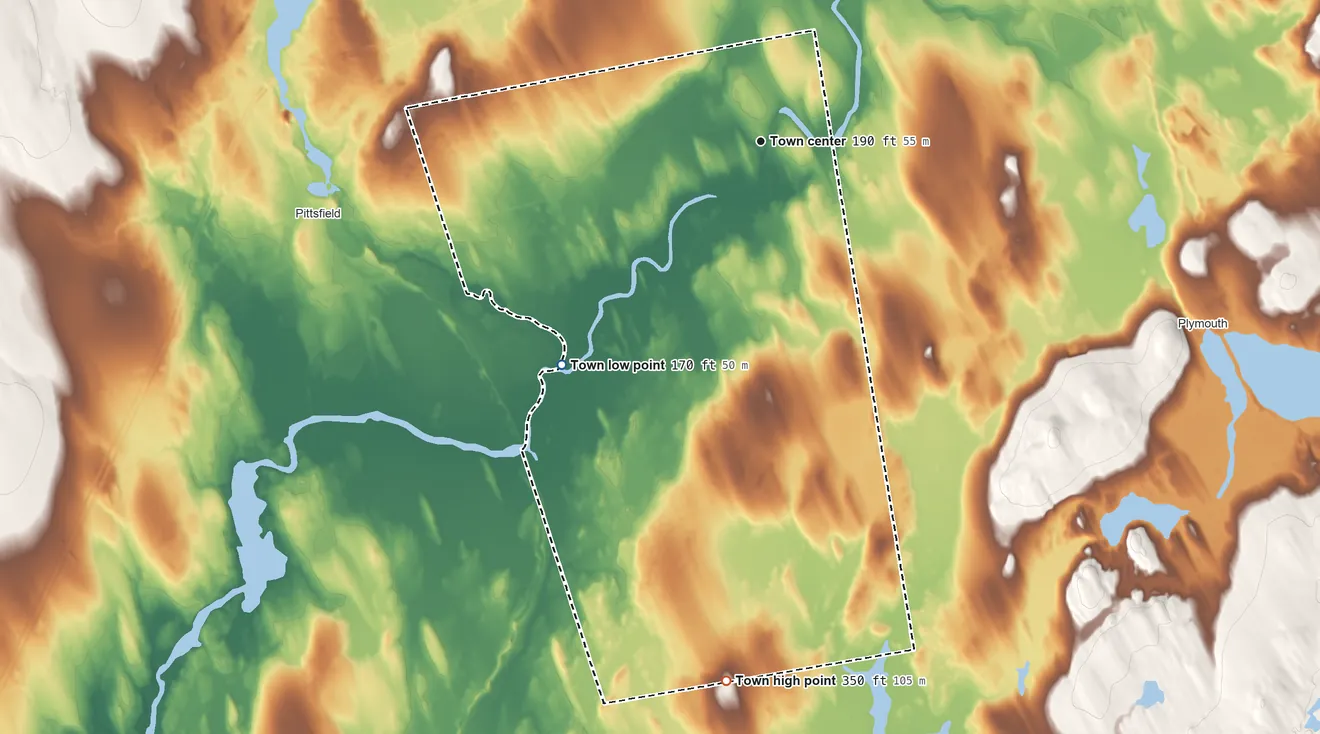 Topographic elevation map of Detroit, Maine, shaded from 170 ft on the southwest side to 350 ft on Beech Hill