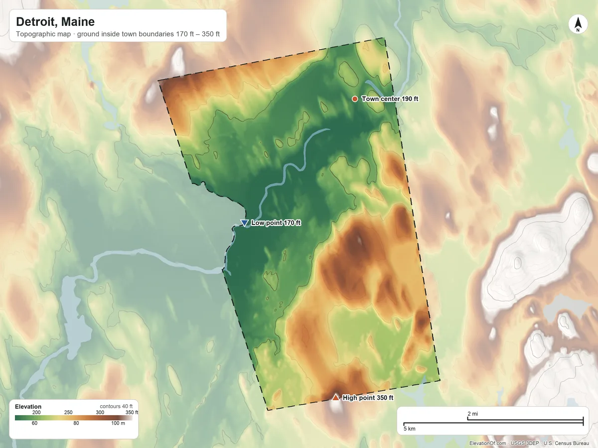Topographic elevation map of Detroit, Maine, shaded from 170 ft on the southwest side to 350 ft on Beech Hill