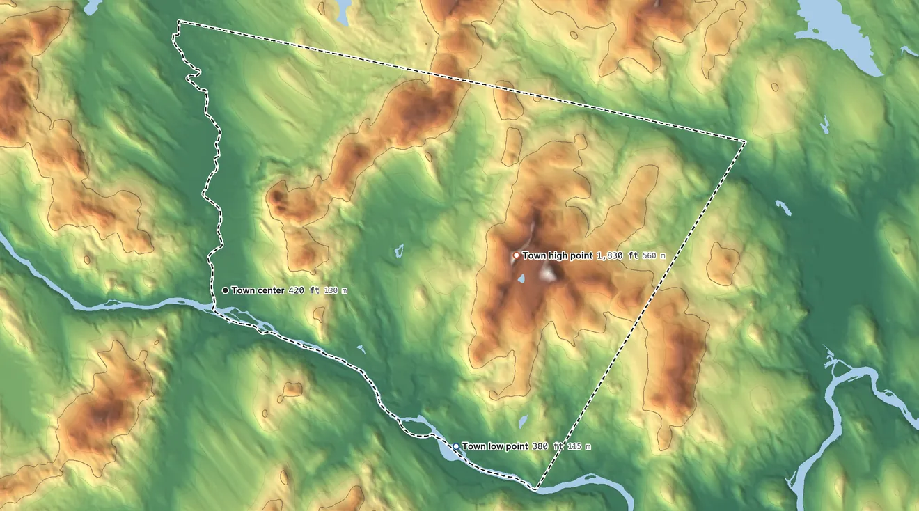 Topographic elevation map of Dixfield, Maine, shaded from 380 ft on the southeast side to 1,830 ft on Colonel Holman Mountain
