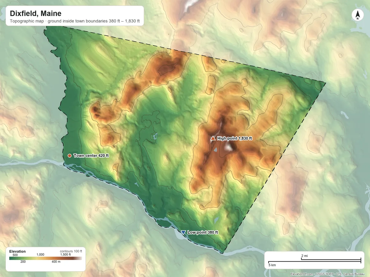 Topographic elevation map of Dixfield, Maine, shaded from 380 ft on the southeast side to 1,830 ft on Colonel Holman Mountain