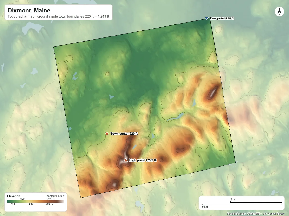 Topographic elevation map of Dixmont, Maine, shaded from 220 ft on the northeast side to 1,249 ft on Mount Harris