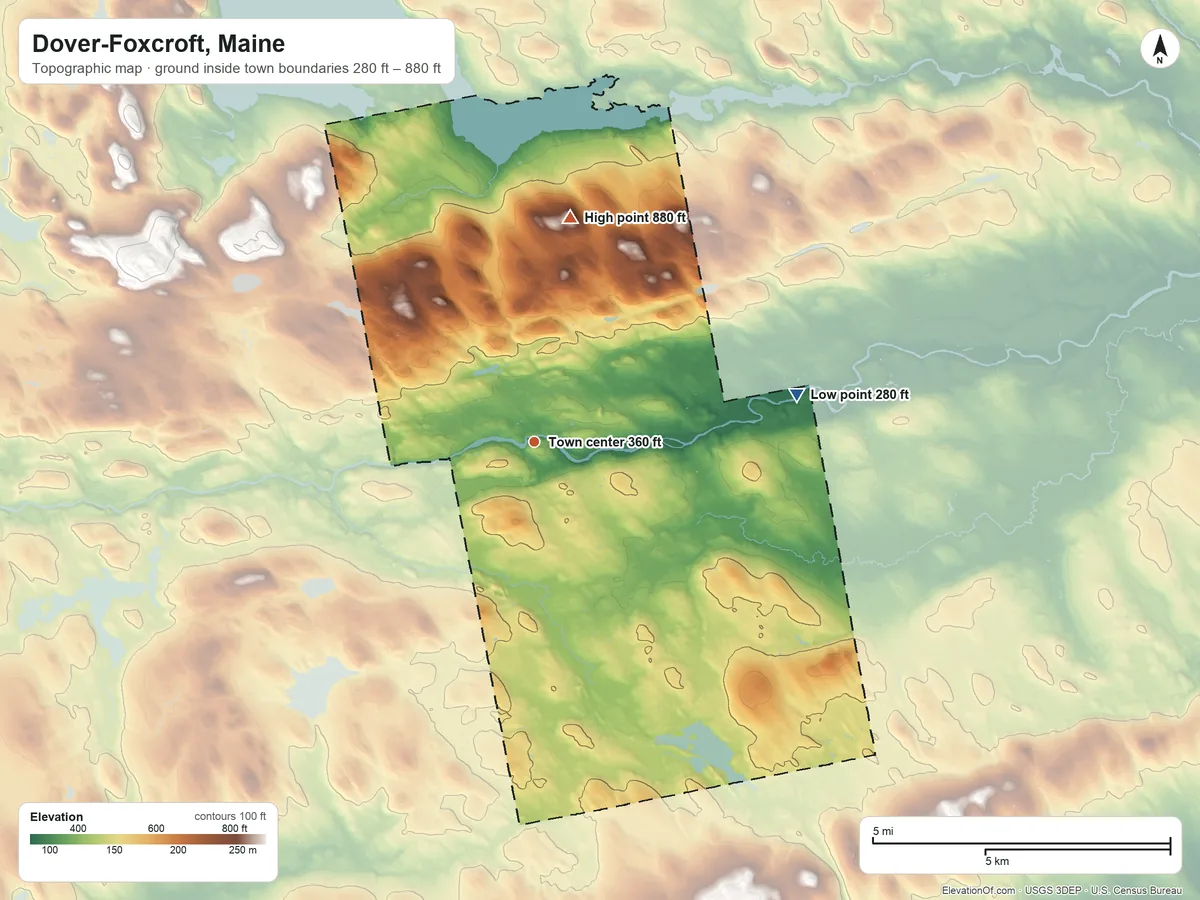 Topographic elevation map of Dover-Foxcroft, Maine, shaded from 280 ft on the east side to 880 ft on the north side