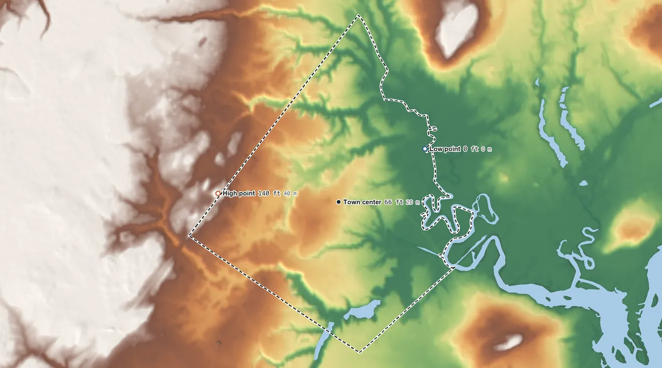 Topographic elevation map of Dunstan, Maine, shaded from 0 ft on the northeast side to 140 ft on the west side