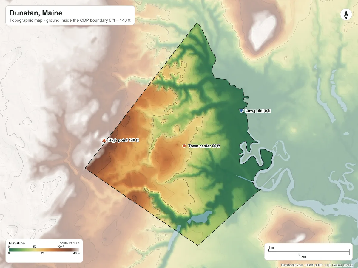 Topographic elevation map of Dunstan, Maine, shaded from 0 ft on the northeast side to 140 ft on the west side