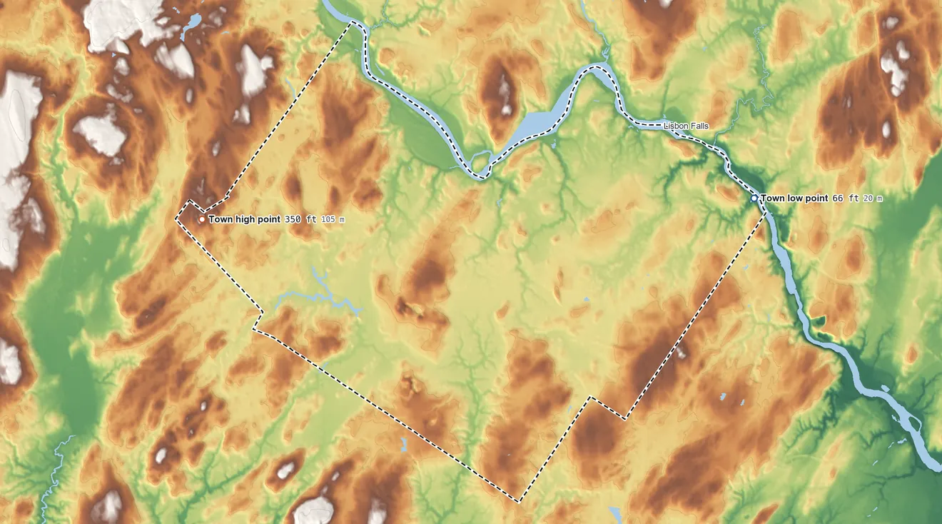 Topographic elevation map of Durham, Maine, shaded from 66 ft on the east side to 350 ft on the west side