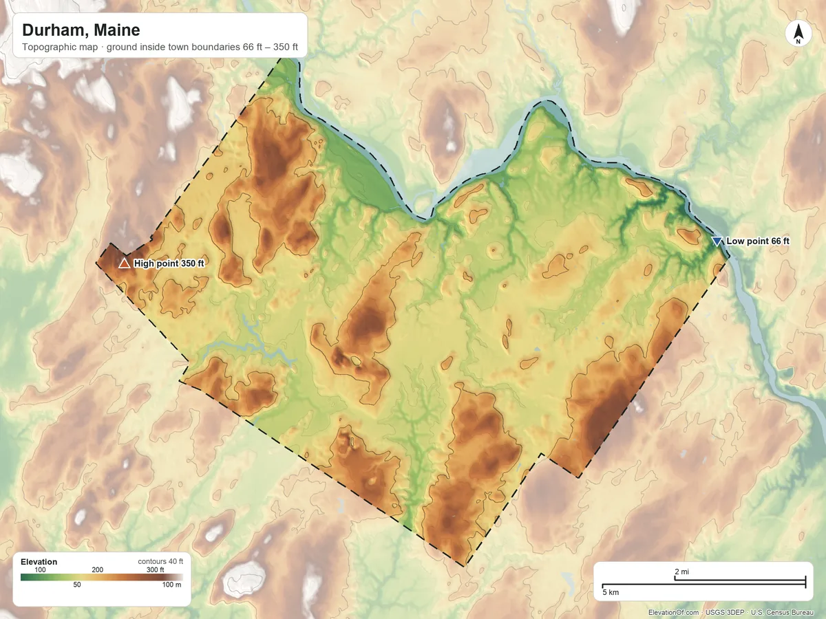 Topographic elevation map of Durham, Maine, shaded from 66 ft on the east side to 350 ft on the west side