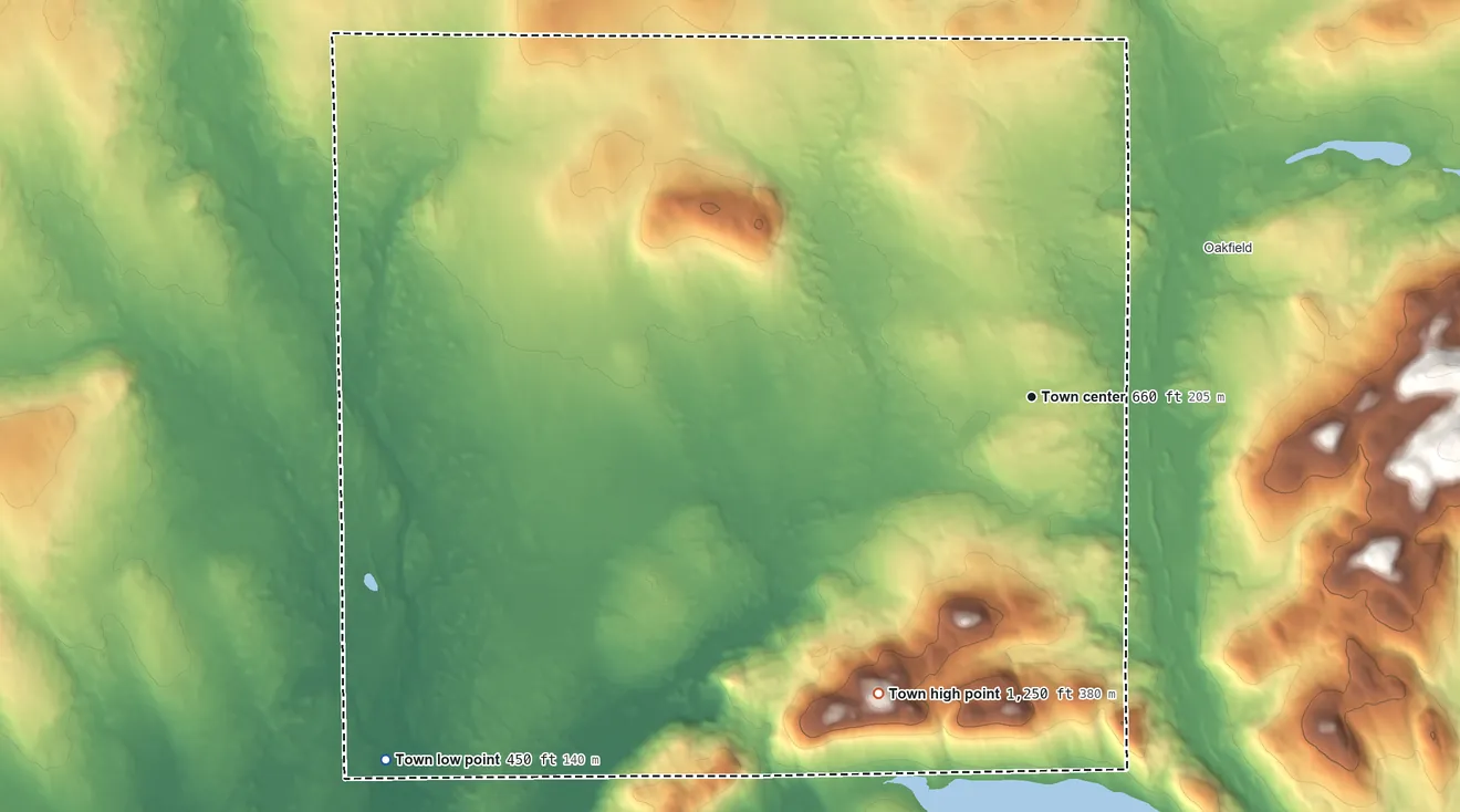 Topographic elevation map of Dyer Brook, Maine, shaded from 450 ft on the southwest side to 1,250 ft on the southwest side