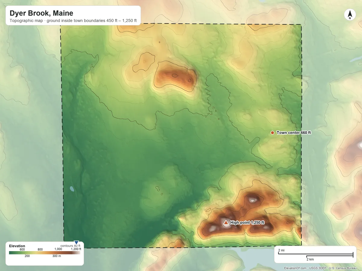 Topographic elevation map of Dyer Brook, Maine, shaded from 450 ft on the southwest side to 1,250 ft on the southwest side
