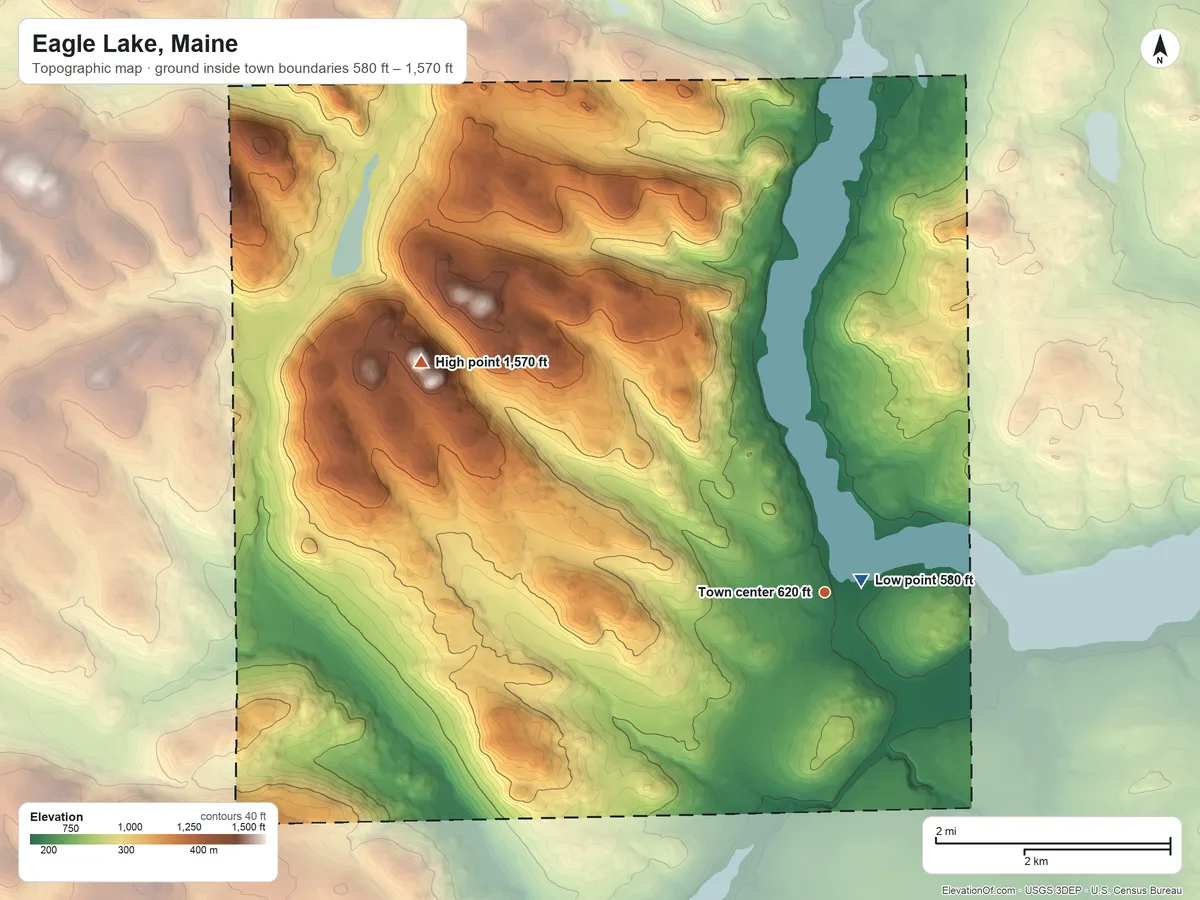 Topographic elevation map of Eagle Lake, Maine, shaded from 580 ft near the middle to 1,570 ft on the northwest side