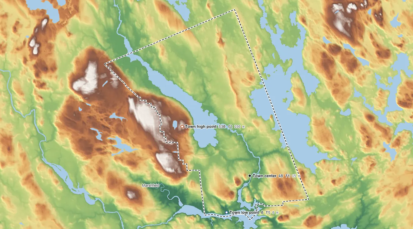 Topographic elevation map of East Machias, Maine, shaded from 0 ft on the southwest side to 330 ft on the northwest side