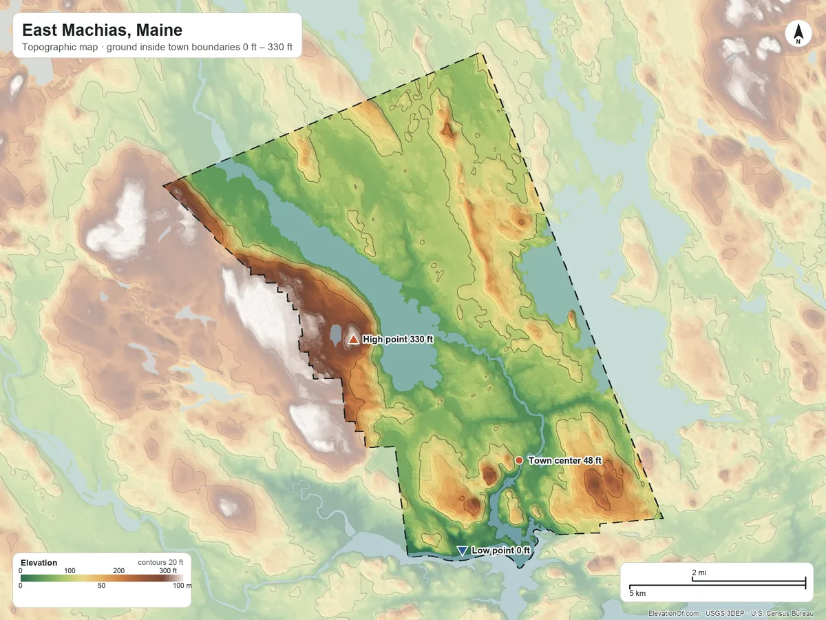 Topographic elevation map of East Machias, Maine, shaded from 0 ft on the southwest side to 330 ft on the northwest side