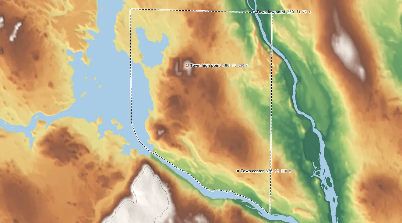 Topographic elevation map of East Millinocket, Maine, shaded from 250 ft on the north side to 490 ft on the northwest side