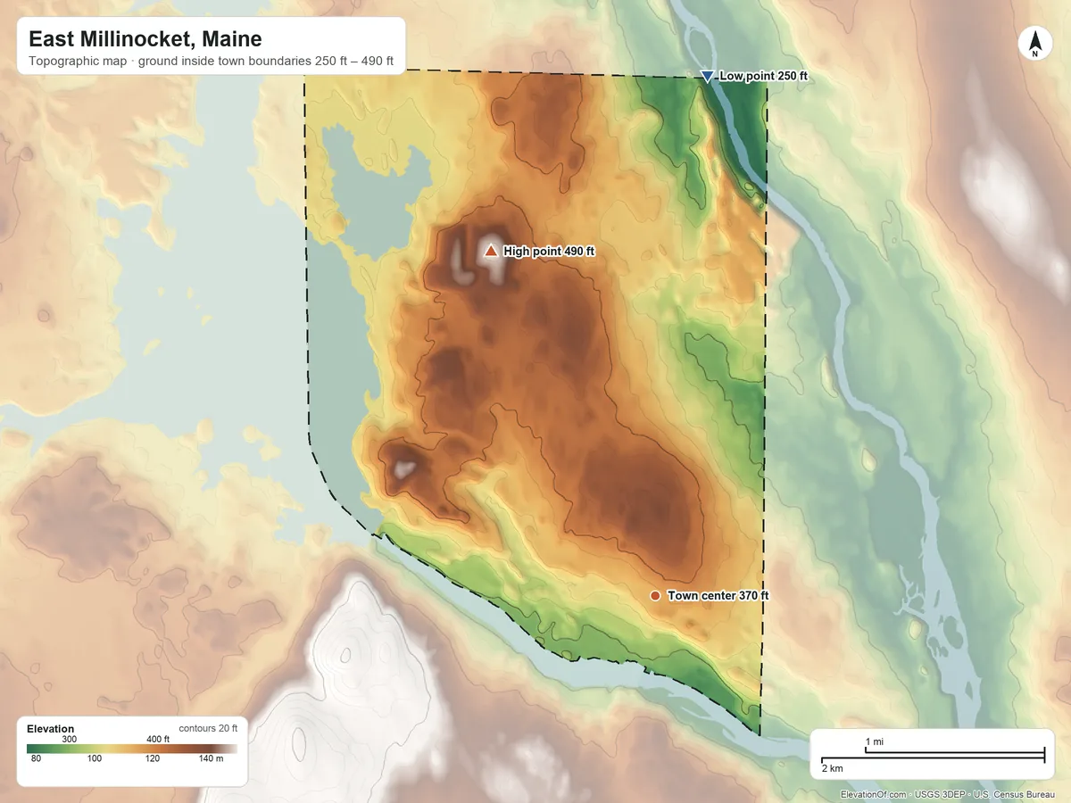 Topographic elevation map of East Millinocket, Maine, shaded from 250 ft on the north side to 490 ft on the northwest side