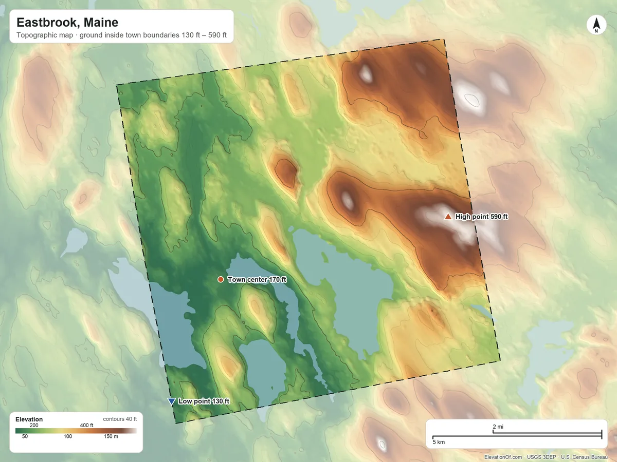 Topographic elevation map of Eastbrook, Maine, shaded from 130 ft on the south side to 590 ft on the east side