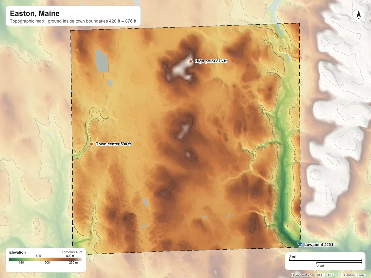 Topographic elevation map of Easton, Maine, shaded from 420 ft on the southeast side to 876 ft on Kinney Hill