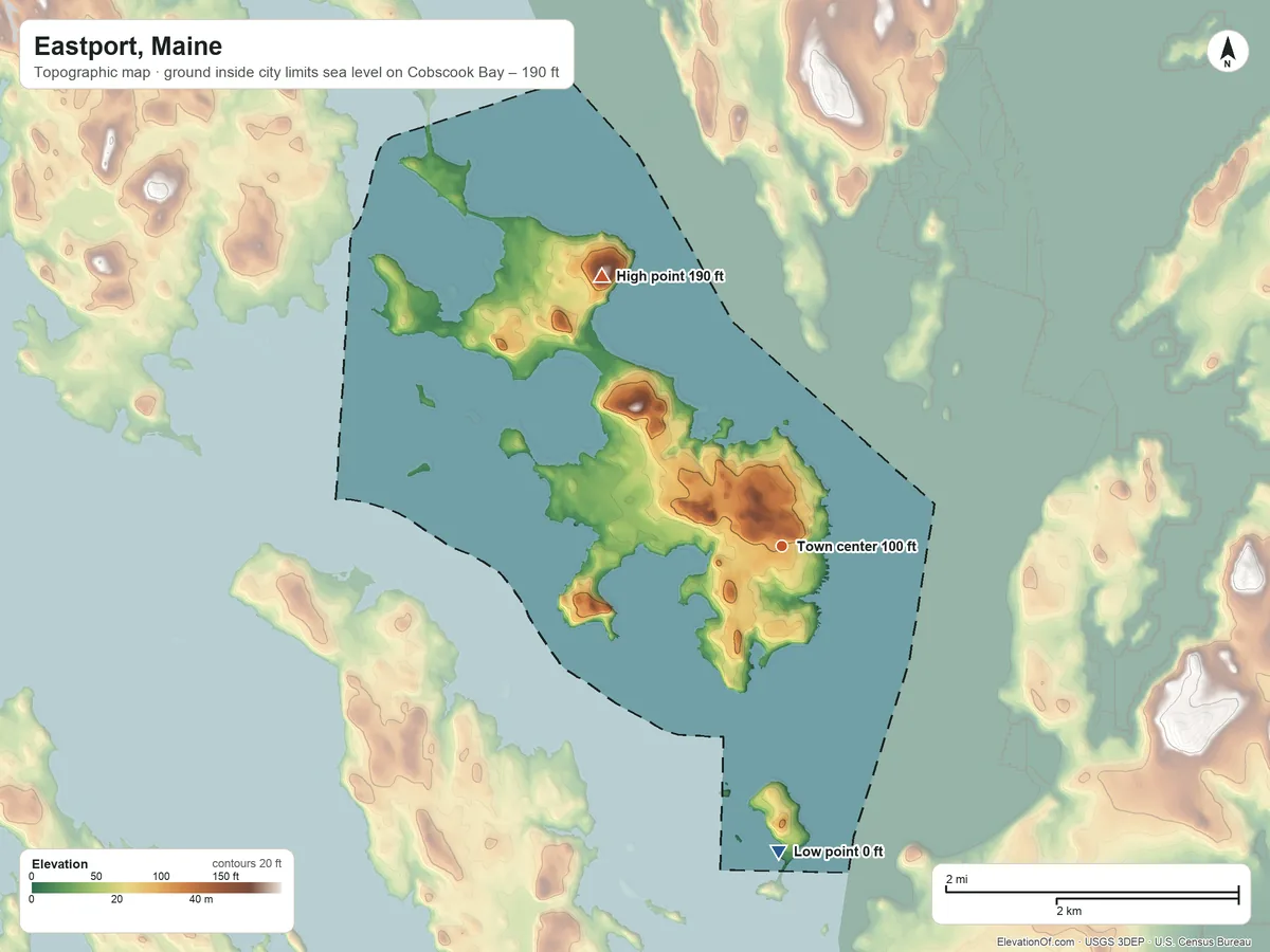 Topographic elevation map of Eastport, Maine, shaded from sea level level on Cobscook Bay to 190 ft on Redoubt Hill