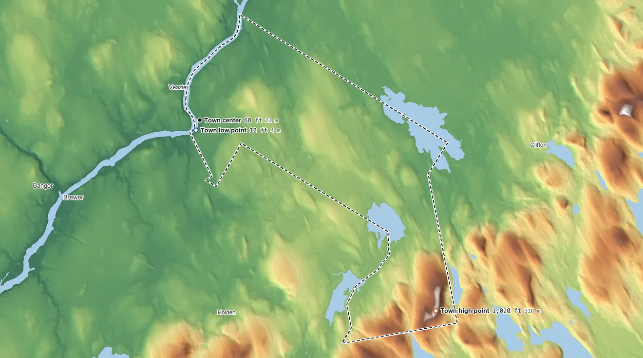 Topographic elevation map of Eddington, Maine, shaded from 12 ft near the middle to 1,020 ft on Blackcap