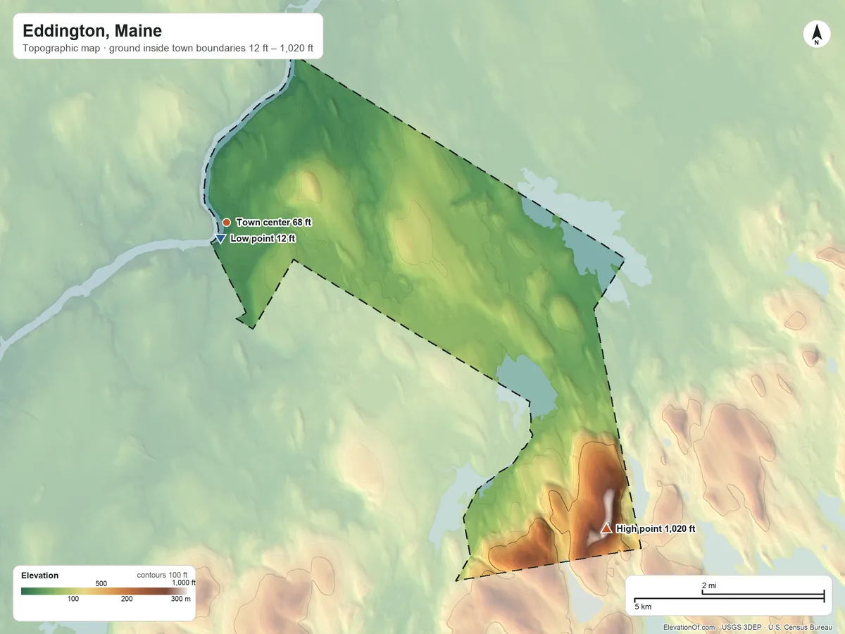 Topographic elevation map of Eddington, Maine, shaded from 12 ft near the middle to 1,020 ft on Blackcap