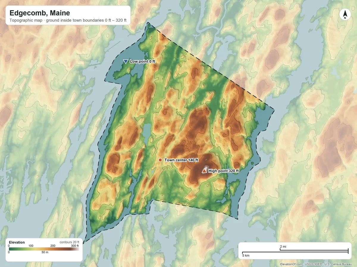 Topographic elevation map of Edgecomb, Maine, shaded from 0 ft on the north side to 320 ft on the east side
