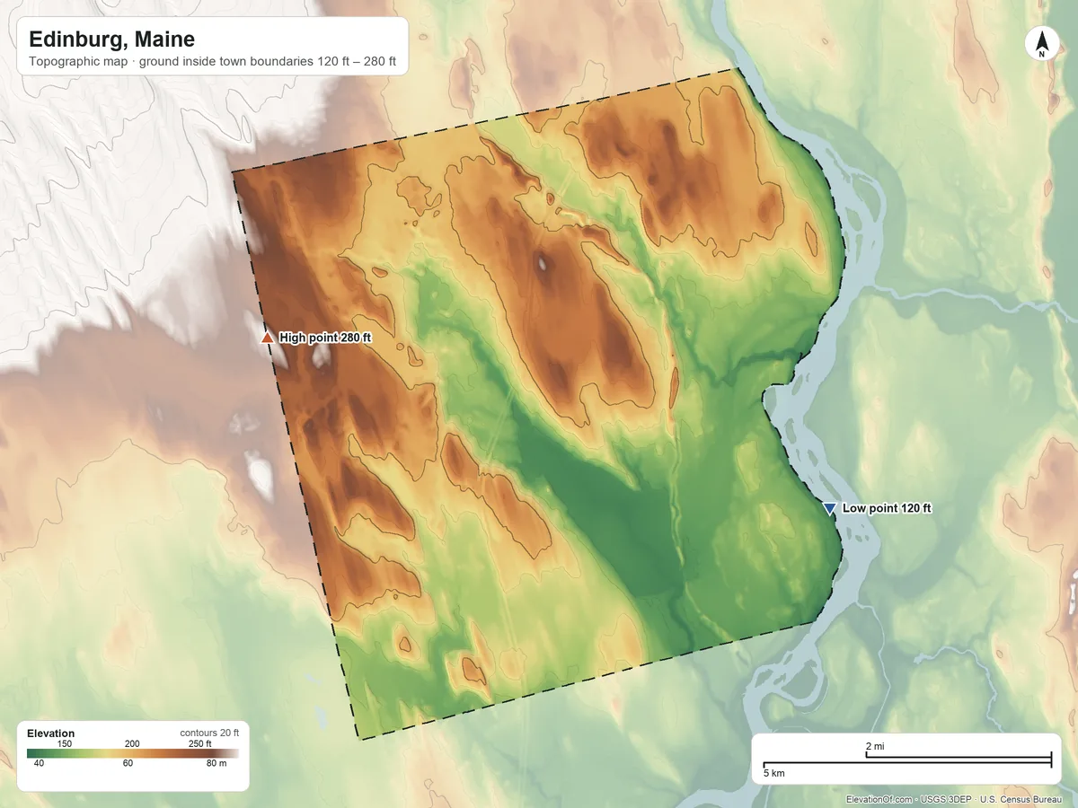 Topographic elevation map of Edinburg, Maine, shaded from 120 ft on the south side to 280 ft on the west side