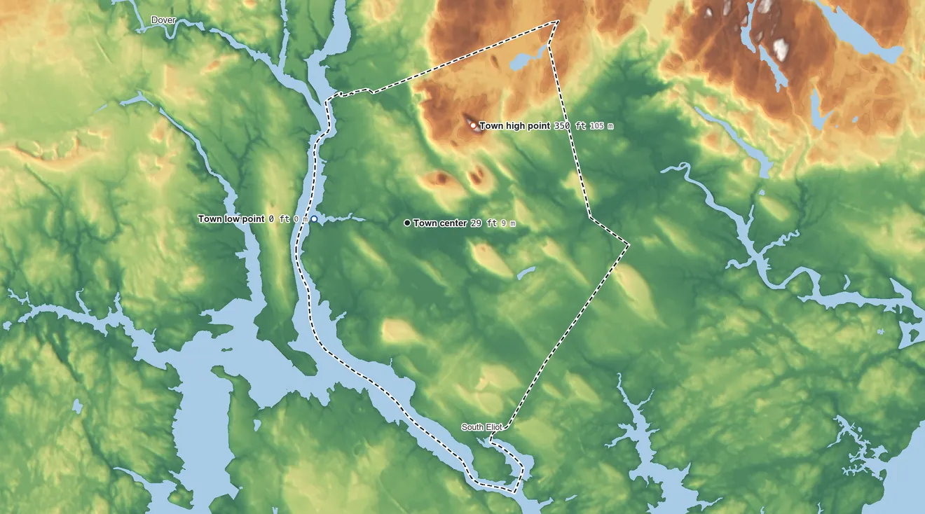 Topographic elevation map of Eliot, Maine, shaded from 0 ft on the west side to 352 ft on Third Hill