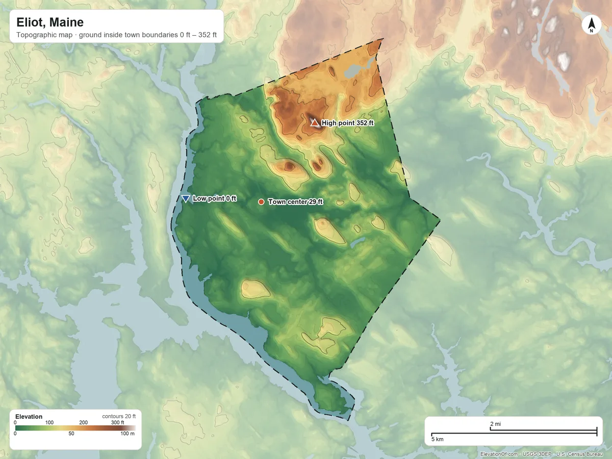 Topographic elevation map of Eliot, Maine, shaded from 0 ft on the west side to 352 ft on Third Hill