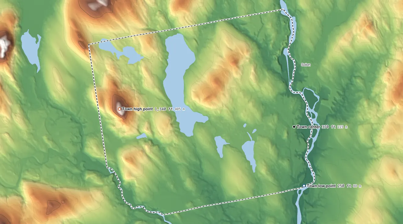 Topographic elevation map of Embden, Maine, shaded from 250 ft on the south side to 1,340 ft on Black Hill