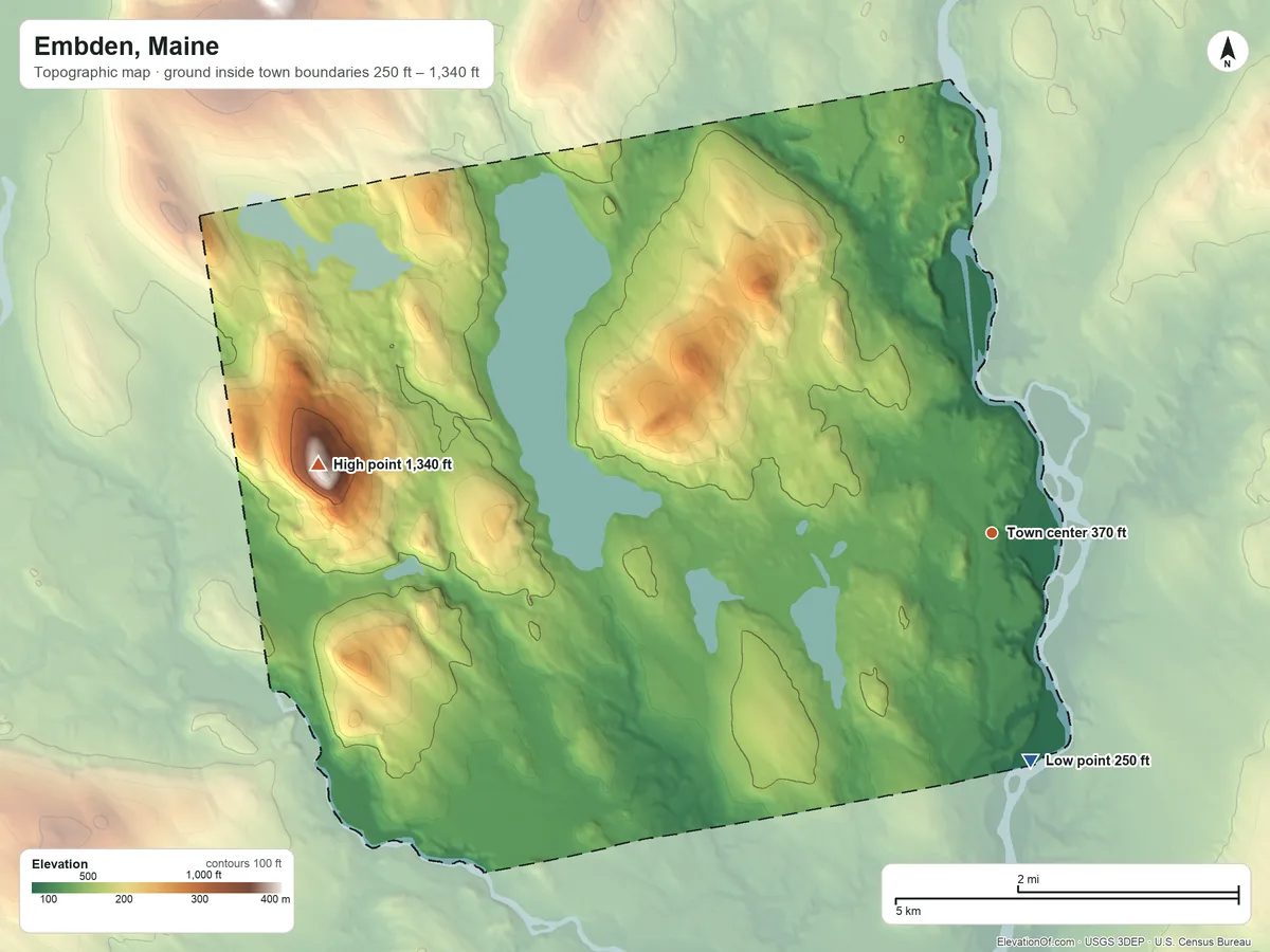 Topographic elevation map of Embden, Maine, shaded from 250 ft on the south side to 1,340 ft on Black Hill