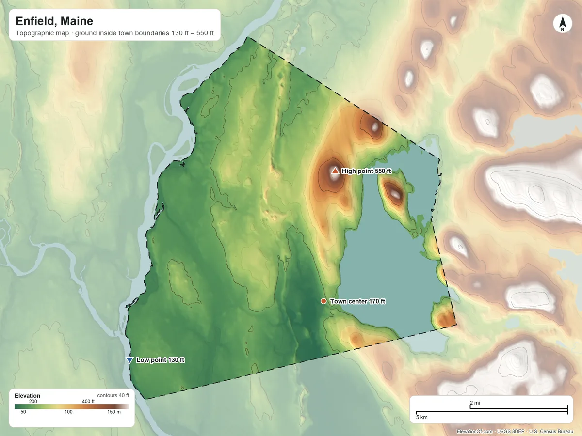Topographic elevation map of Enfield, Maine, shaded from 130 ft on the west side to 550 ft on the north side
