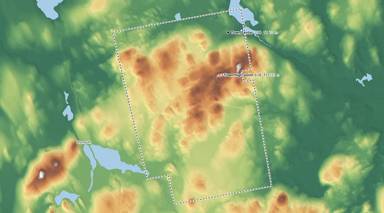 Topographic elevation map of Etna, Maine, shaded from 210 ft near the middle to 610 ft on the south side