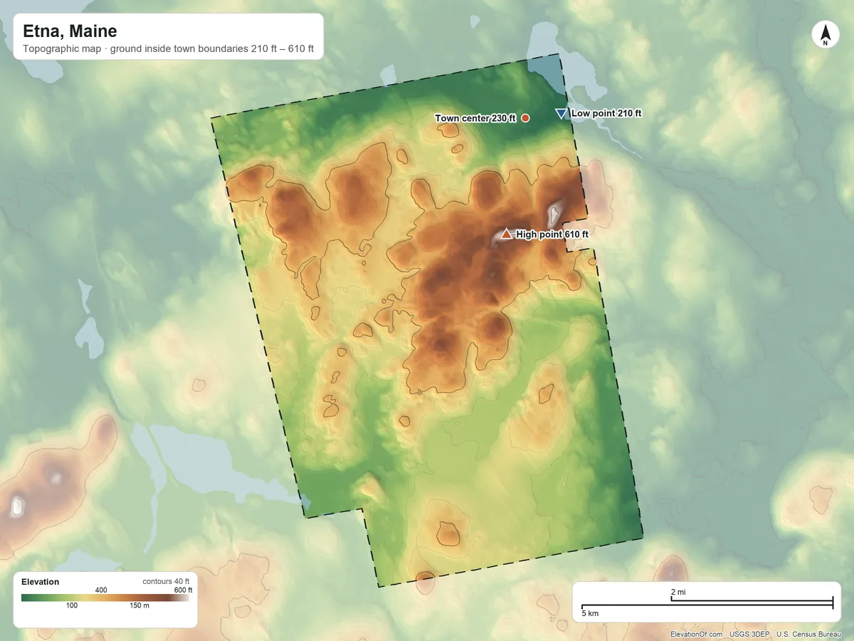 Topographic elevation map of Etna, Maine, shaded from 210 ft near the middle to 610 ft on the south side
