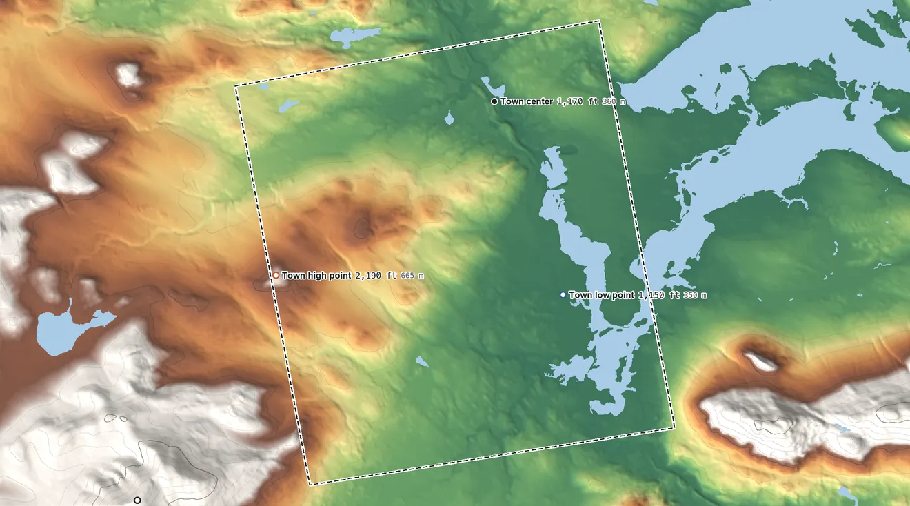 Topographic elevation map of Eustis, Maine, shaded from 1,150 ft on the south side to 2,190 ft on Lookout Hills