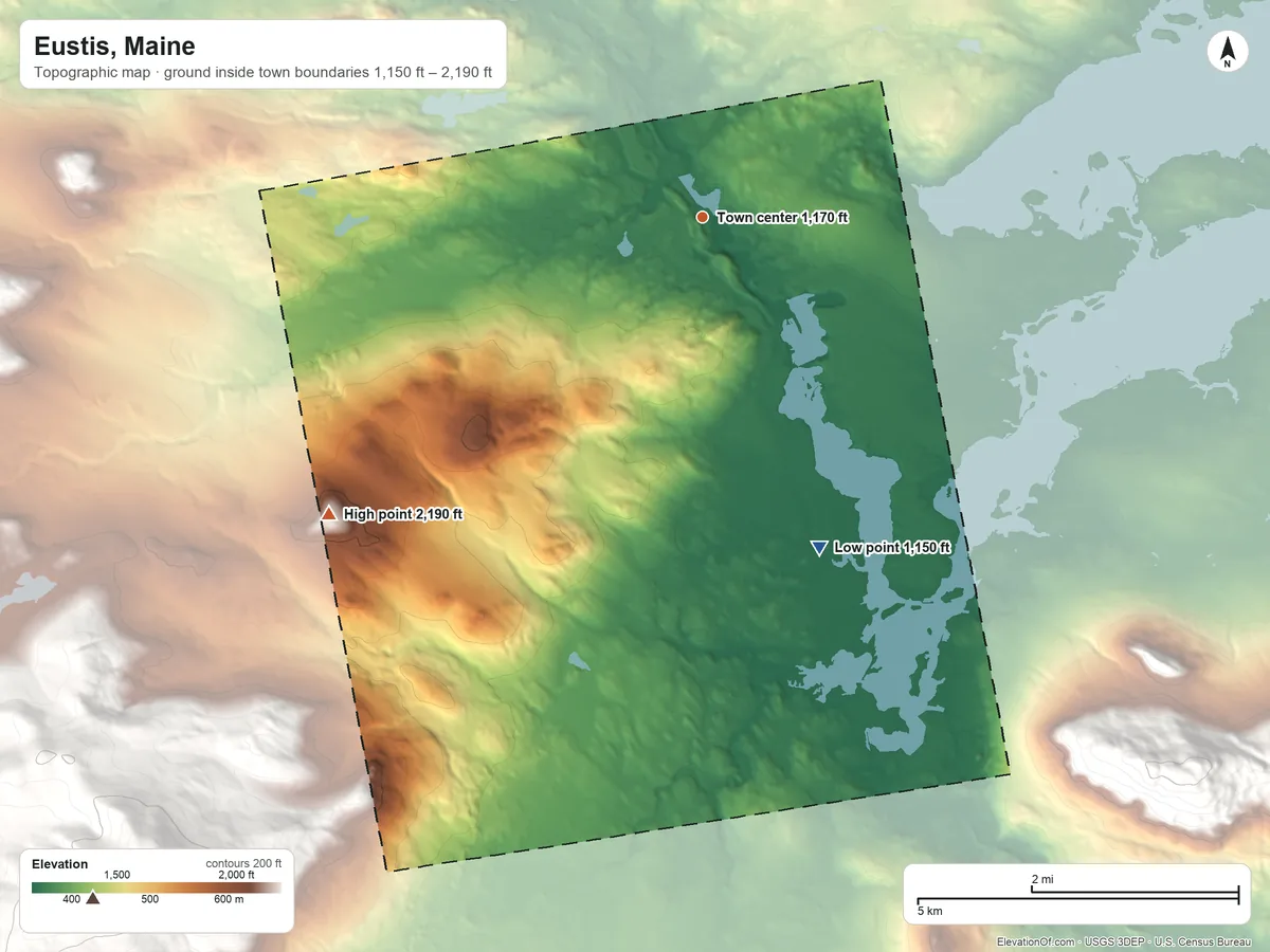 Topographic elevation map of Eustis, Maine, shaded from 1,150 ft on the south side to 2,190 ft on Lookout Hills