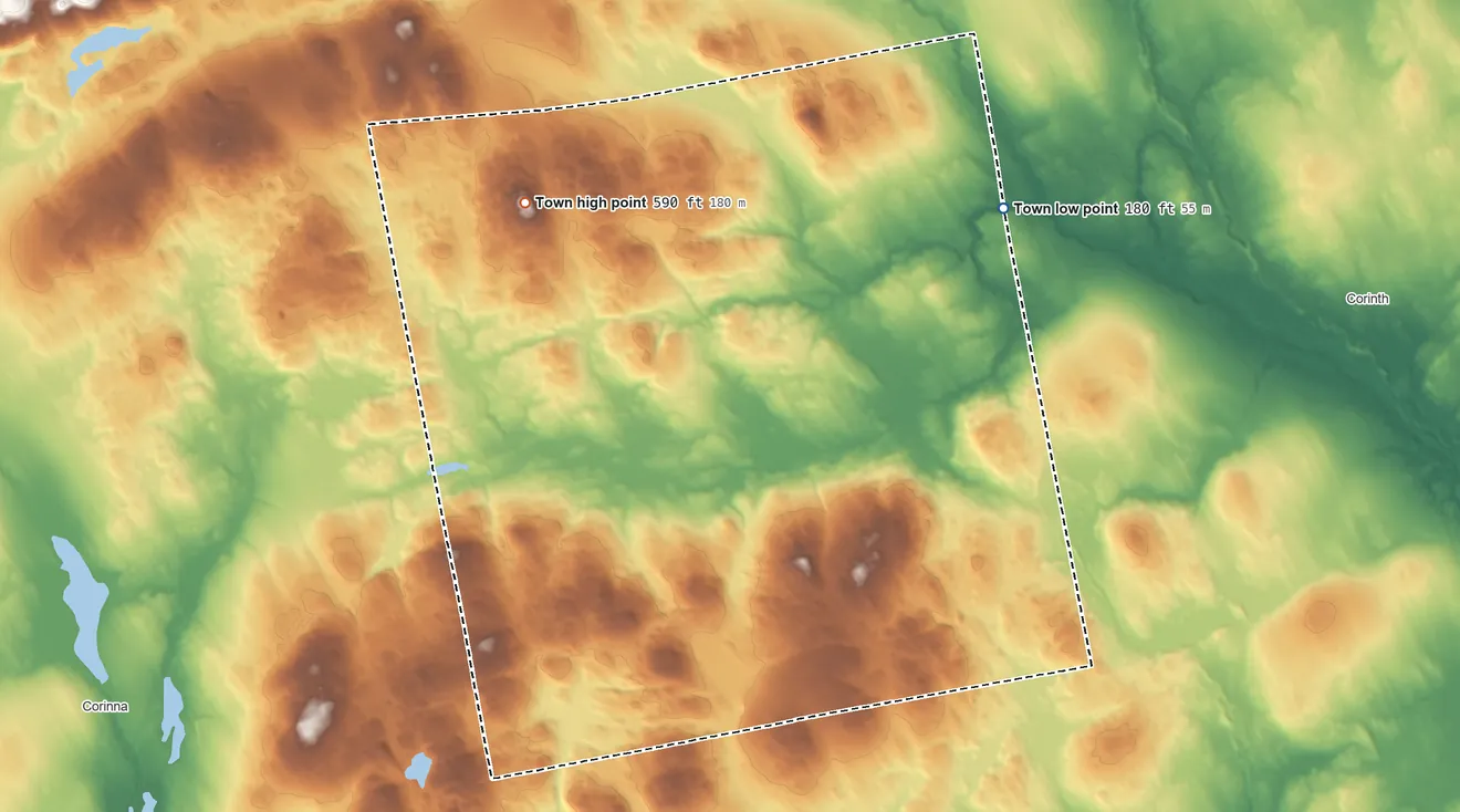 Topographic elevation map of Exeter, Maine, shaded from 180 ft on the northeast side to 590 ft on the northwest side
