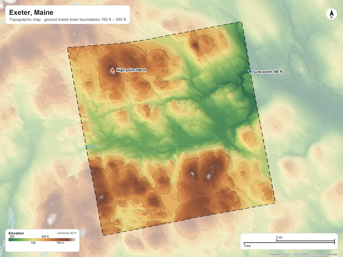 Topographic elevation map of Exeter, Maine, shaded from 180 ft on the northeast side to 590 ft on the northwest side