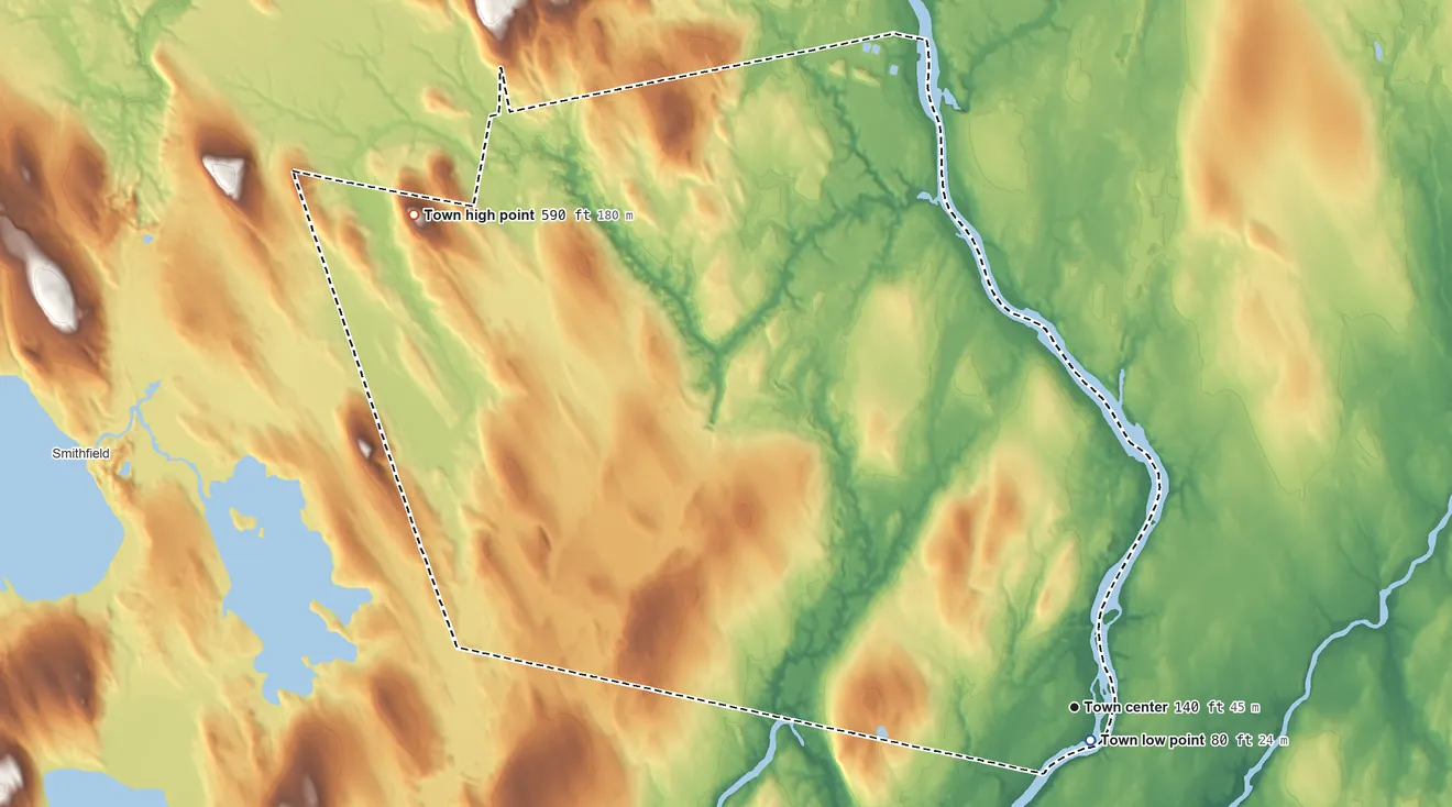 Topographic elevation map of Fairfield, Maine, shaded from 80 ft near the middle to 590 ft on Bear Mountain