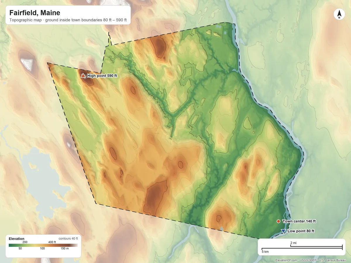 Topographic elevation map of Fairfield, Maine, shaded from 80 ft near the middle to 590 ft on Bear Mountain