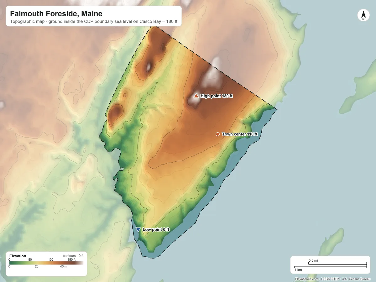 Topographic elevation map of Falmouth Foreside, Maine, shaded from sea level level on Casco Bay to 180 ft on the northwest side