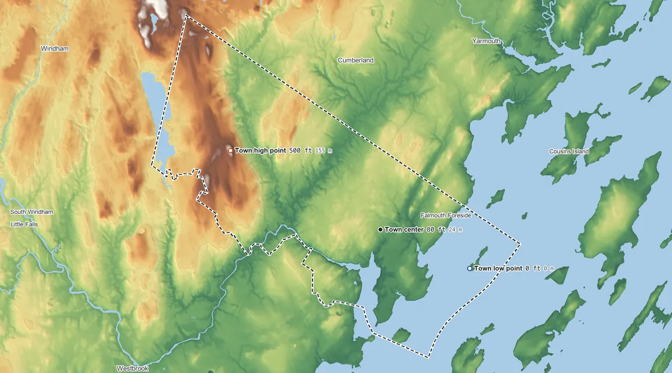 Topographic elevation map of Falmouth, Maine, shaded from sea level level on Casco Bay to 500 ft on Blackstrap Hill