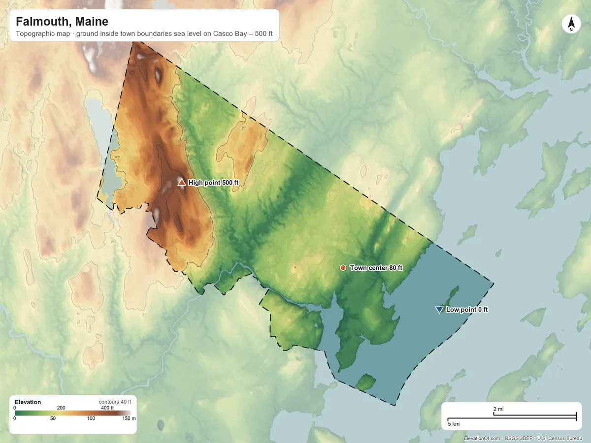 Topographic elevation map of Falmouth, Maine, shaded from sea level level on Casco Bay to 500 ft on Blackstrap Hill
