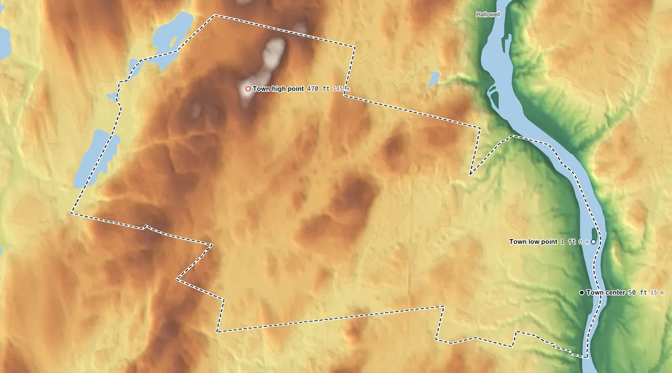 Topographic elevation map of Farmingdale, Maine, shaded from 1 ft near the middle to 470 ft on the northwest side