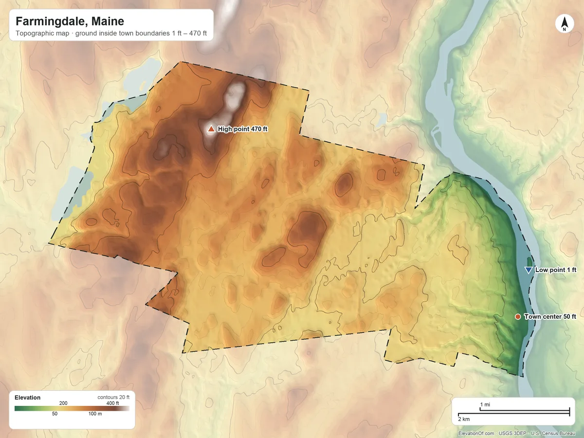 Topographic elevation map of Farmingdale, Maine, shaded from 1 ft near the middle to 470 ft on the northwest side