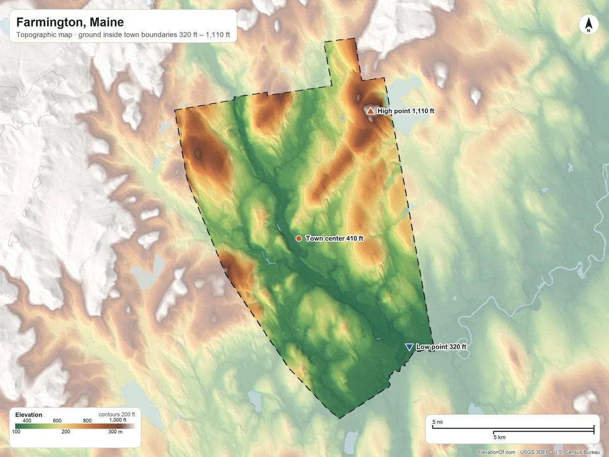 Topographic elevation map of Farmington, Maine, shaded from 320 ft on the southeast side to 1,110 ft on Mosher Hill