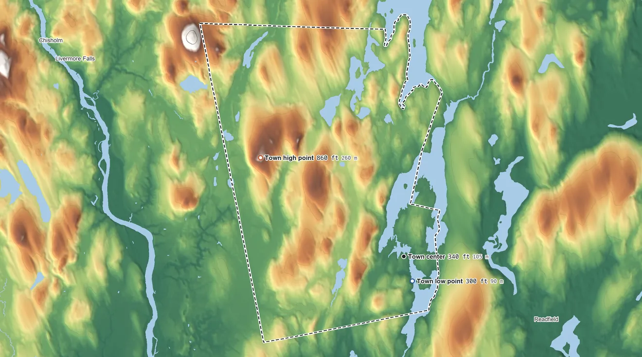 Topographic elevation map of Fayette, Maine, shaded from 300 ft near the middle to 860 ft on the northwest side