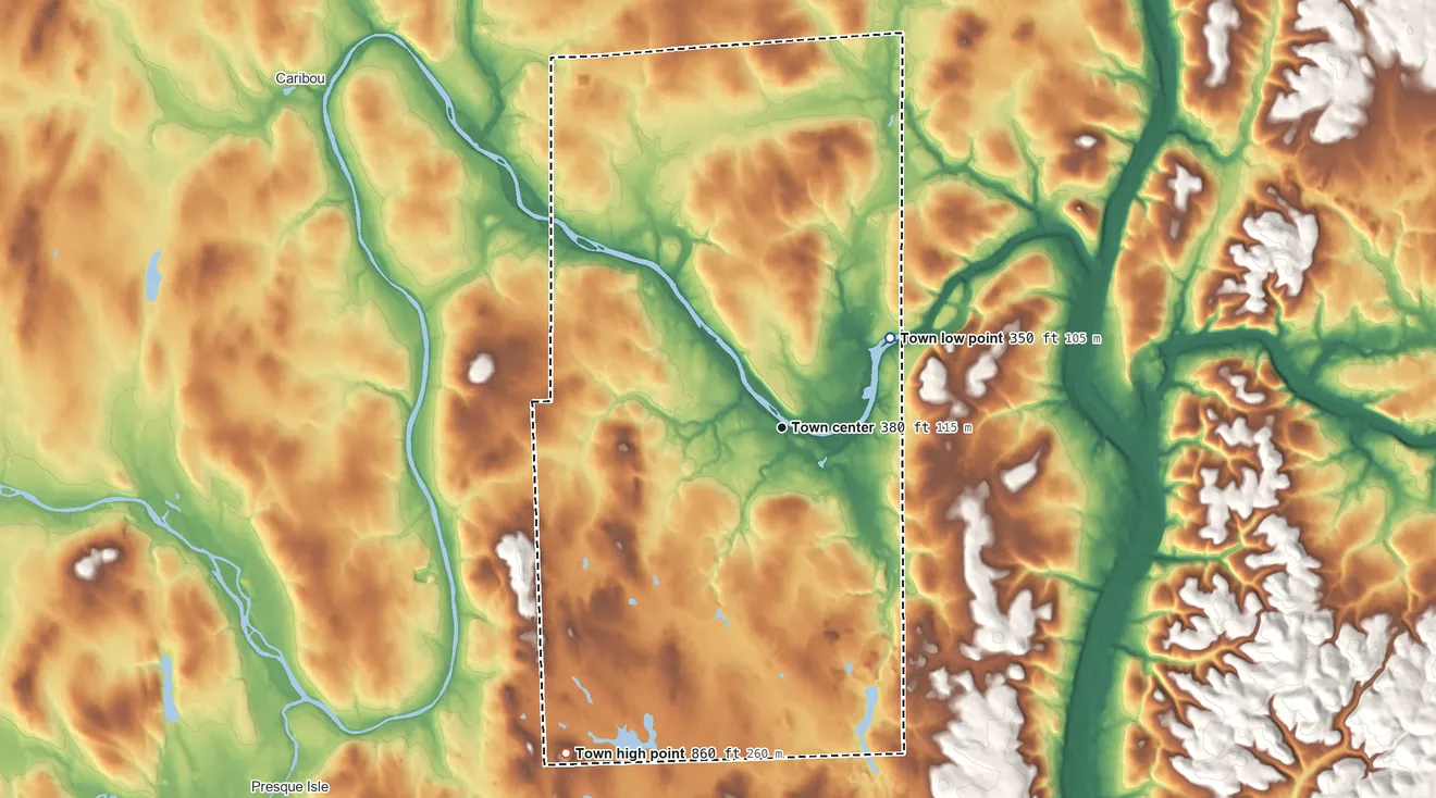 Topographic elevation map of Fort Fairfield, Maine, shaded from 350 ft on the northeast side to 860 ft on Melville Hill