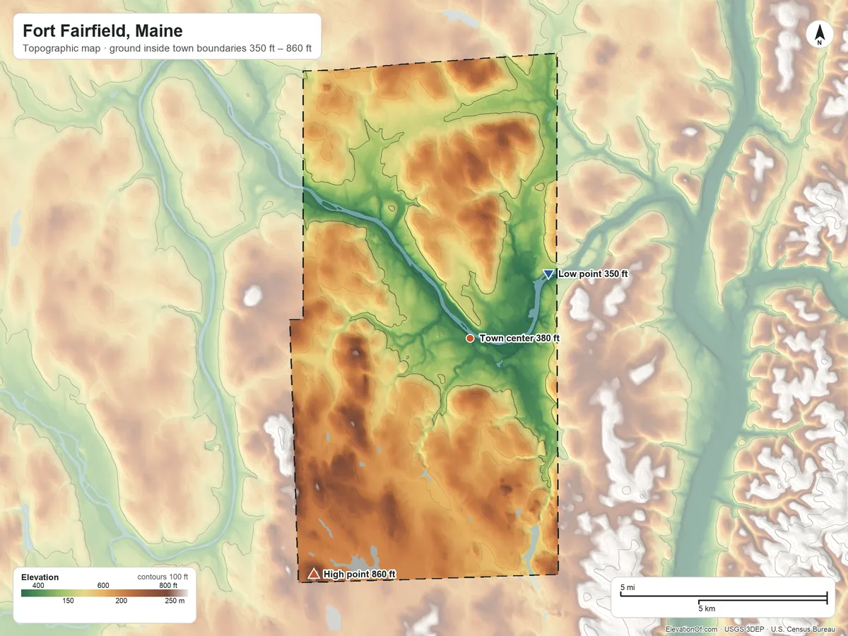 Topographic elevation map of Fort Fairfield, Maine, shaded from 350 ft on the northeast side to 860 ft on Melville Hill