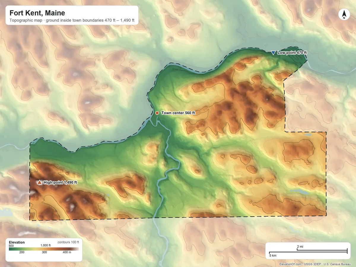 Topographic elevation map of Fort Kent, Maine, shaded from 470 ft on the northeast side to 1,490 ft on Bossy Mountain